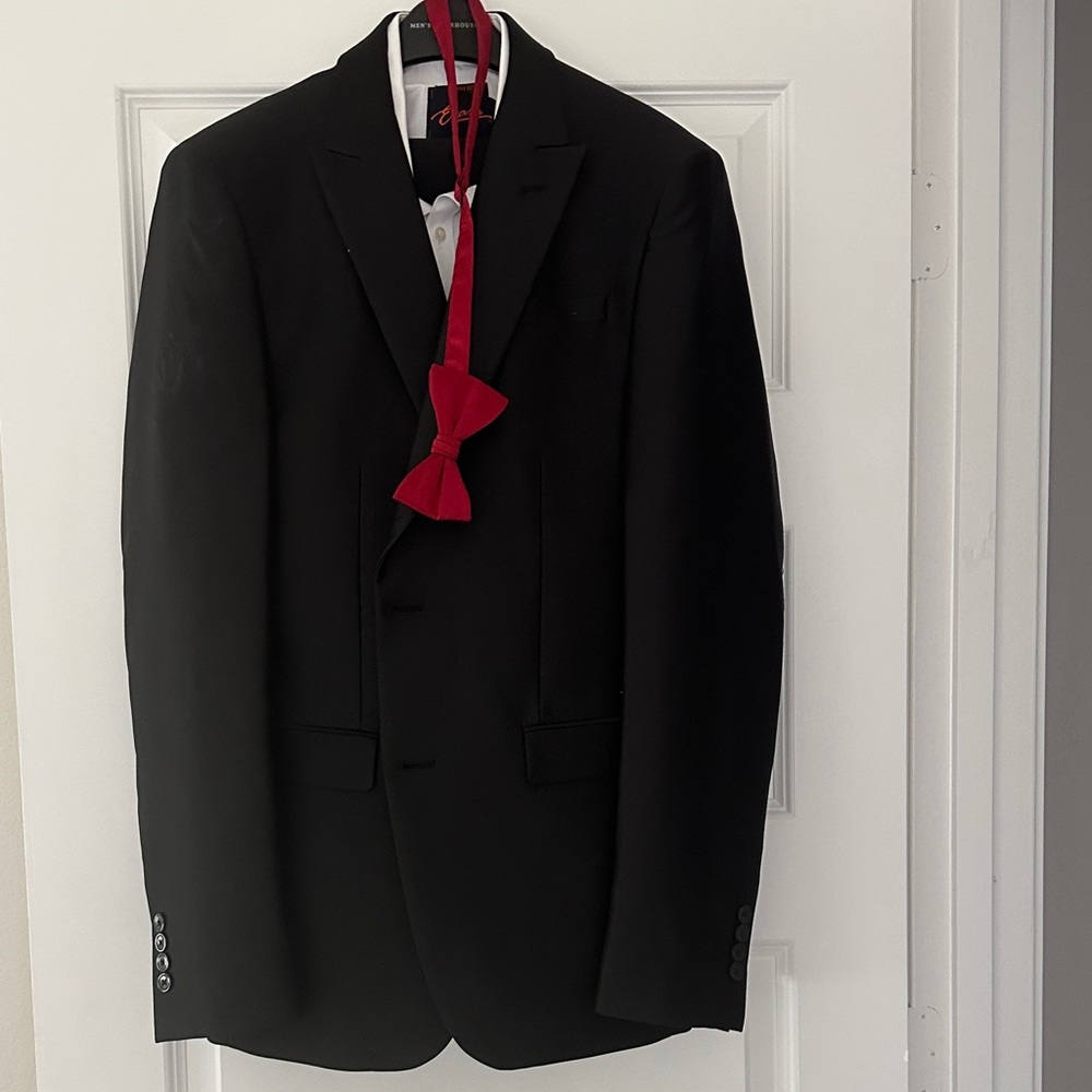 Egara Black Suit with Red Bow Tie. Perfect for prom or formals